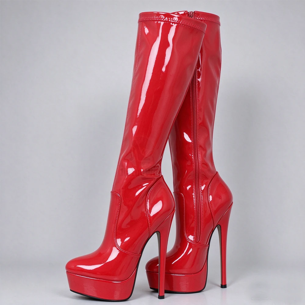 Red Patent Knee High Platform Boots Vintage Fetish Heels Stiletto Side Zip Stage Performance Exotique Plus Size Women Boots