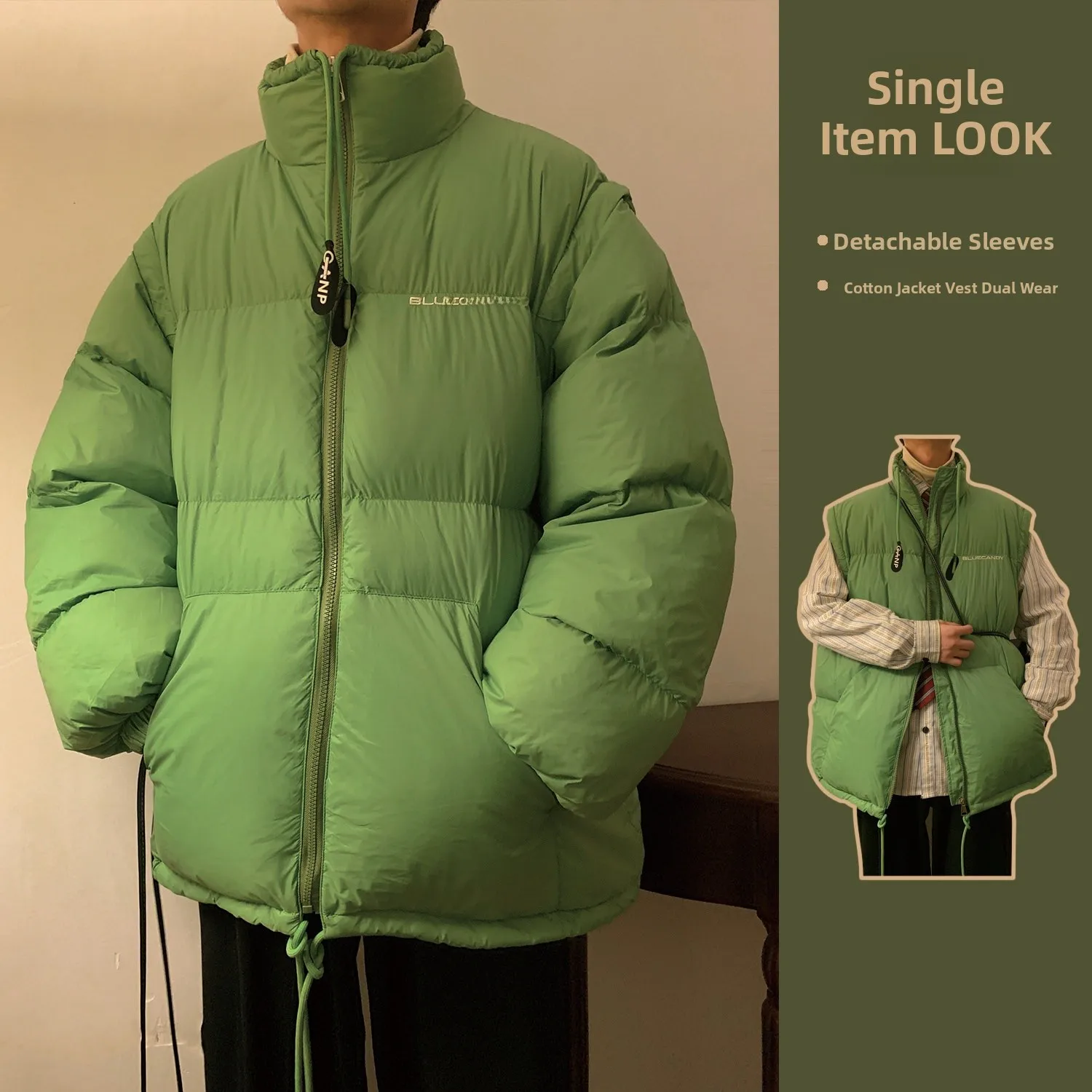 

Men's Thiened down Cotton Jaet Removable Sve Winter Coat Warm Youth Casual Sle Zipper Closure Bread Clothes Trendy