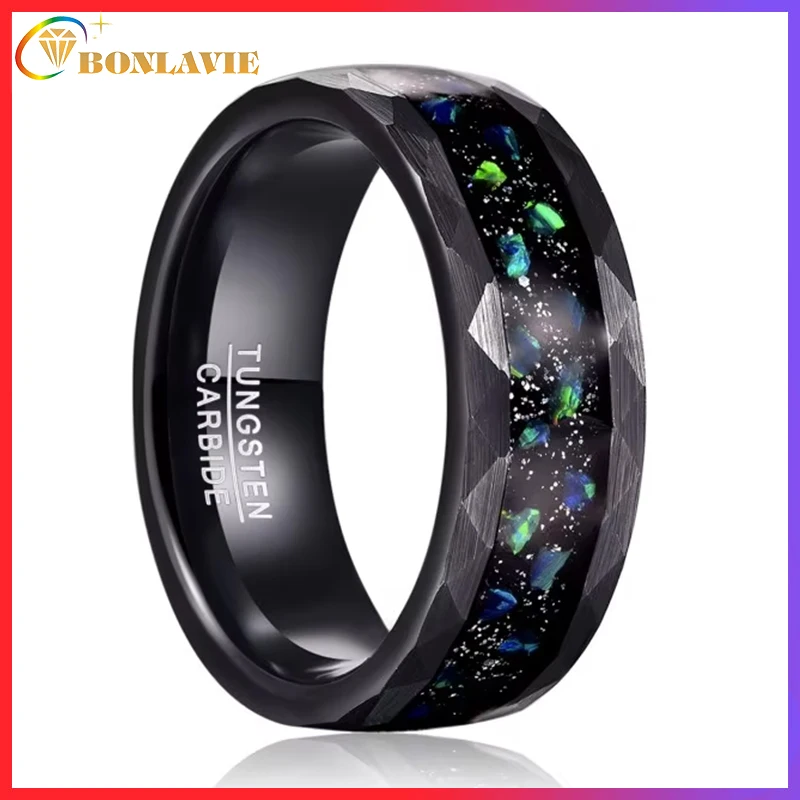 

BONLAVIE Hammer Pattern Inlaid Black Sand Bottom Green Crushed Opal Men Tungsten Steel Rings Electric Black Men Engagement Rings