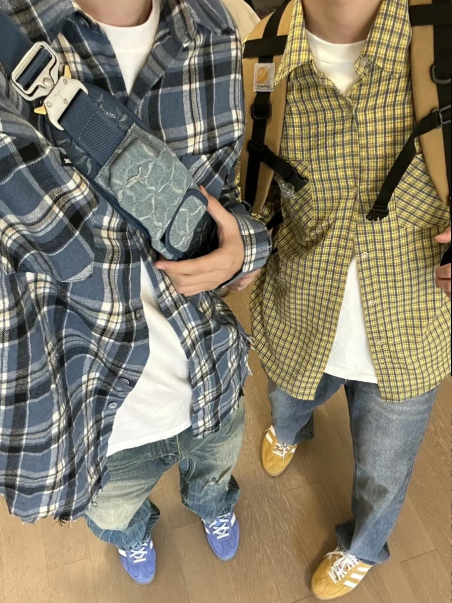 

Американский Ретро Синий Клетчатый Длинный Све irt Мужчины Женщины Повседневная Свободная Куртка Весна Осень Cleanfit Молодежная Верхняя Одежда Faion