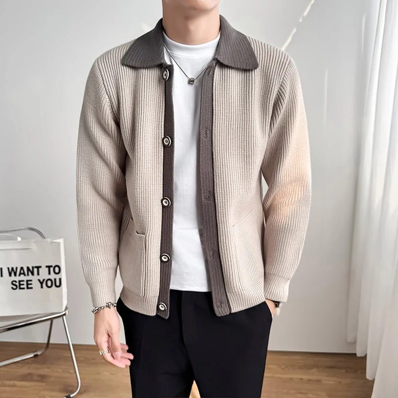 

Мужской кардиган высокого качества, осень-зима, новые мужские повседневные свитера с отложным воротником, однобортные облегающие вязаные пальто для мужчин