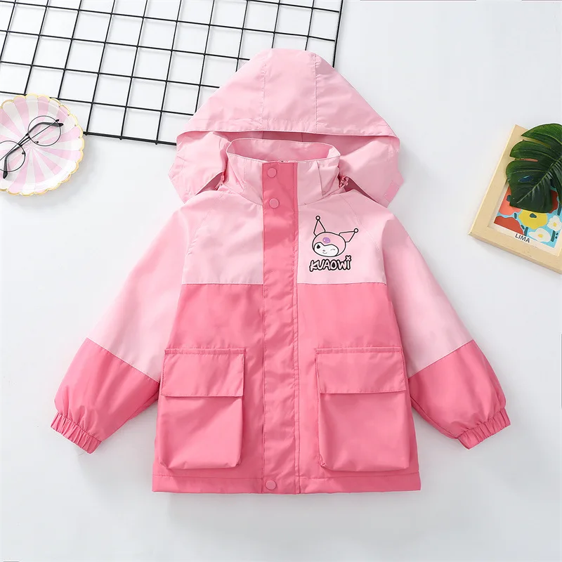 Kuromi Girls Coat Windproof Coat Sanrio Autumn and Winter Plus Velvet Warm Hooded Removable Jacket Coat Girl Clothing Gift