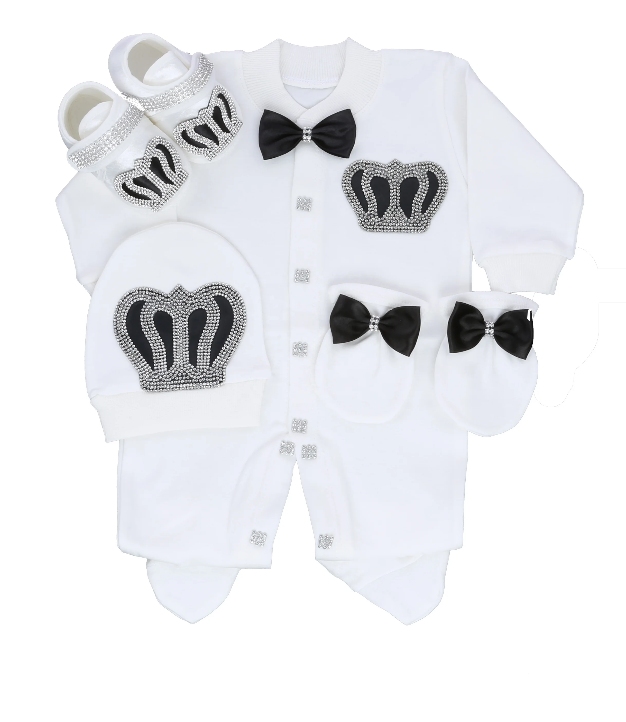 Footed Romper Newborn 0-9 Months 4 Piece Set White Black Crown Bow Prince Royal Boutique Baby Shower Gift With Hat Mittens Shoes