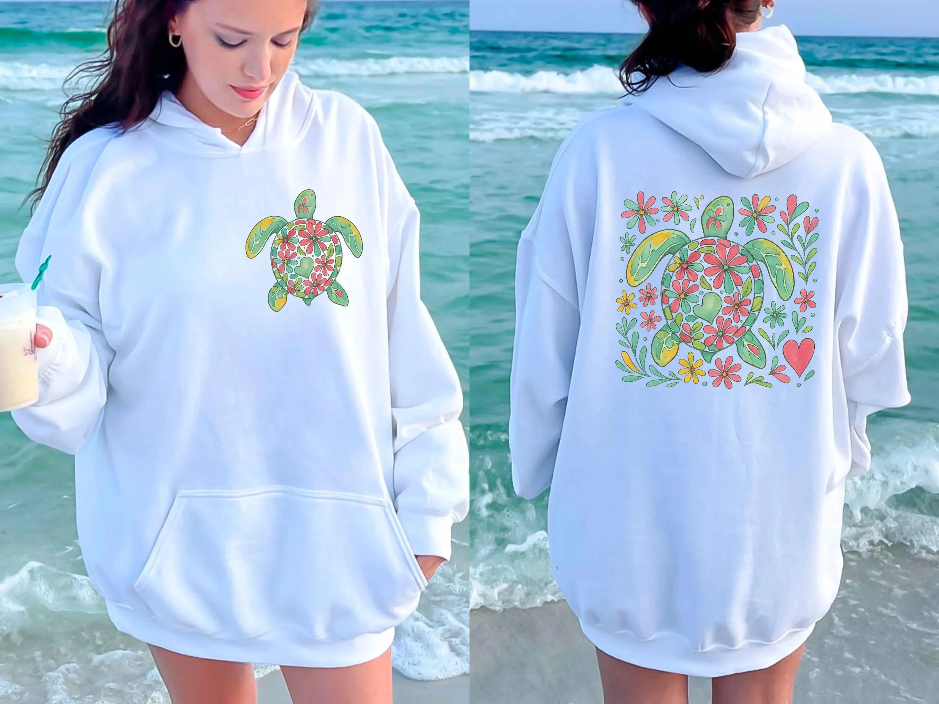 

Turtle Floral Beach Graphic Printing Hoodie Sweatshirt Women Long Sleeve Sweatshirt Pullover Tops Unisex Fashion Autumn Clothing