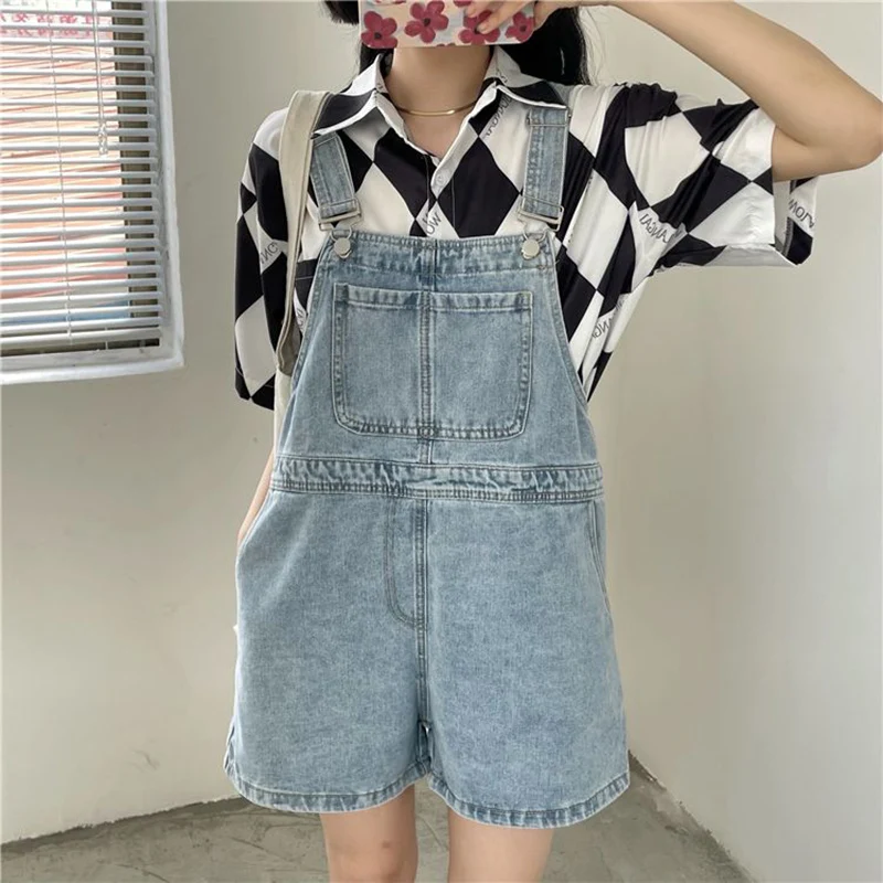 Summer Lady Solid High Waist Denim Overalls Shorts Girls Baggy Streetwear Thin Jeans Women Fashion Leisure Short Pants