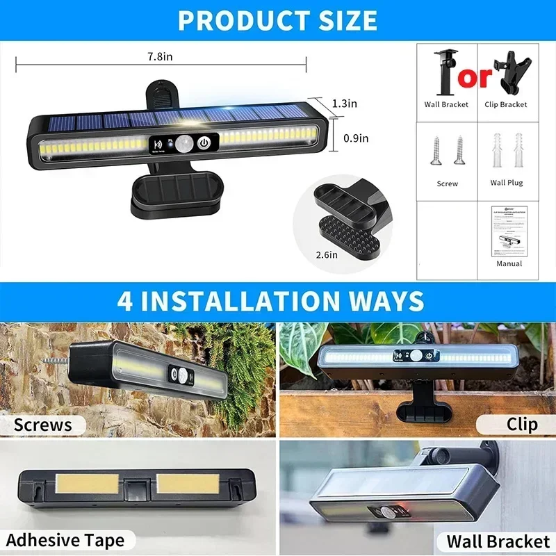 Clipe em luzes de movimento solar ao ar livre à prova d\'água, luzes de cerca solares fora com 36 LEDs, luz de segurança portátil movida a energia