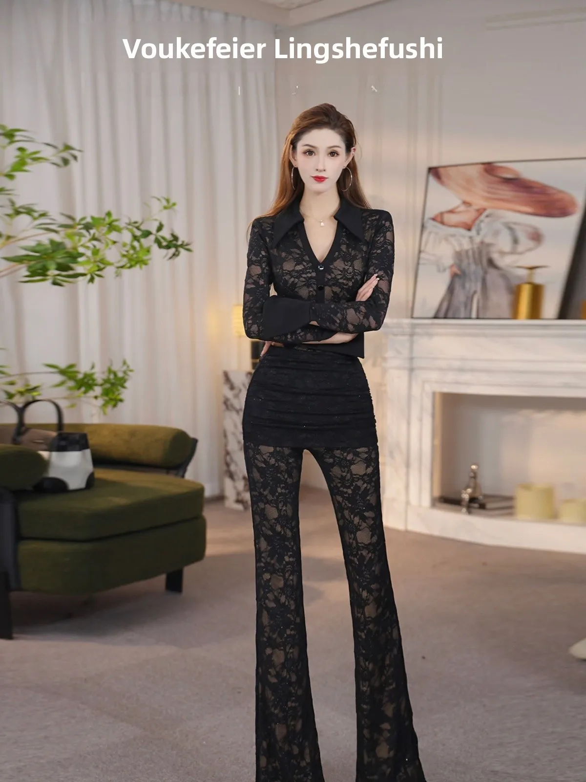 

Uxuefei Оригинальный дизайн, высококачественный кружевной комплект с воротником-стойкой, роскошный модный стиль для офиса, ажурные брюки с высокой талией