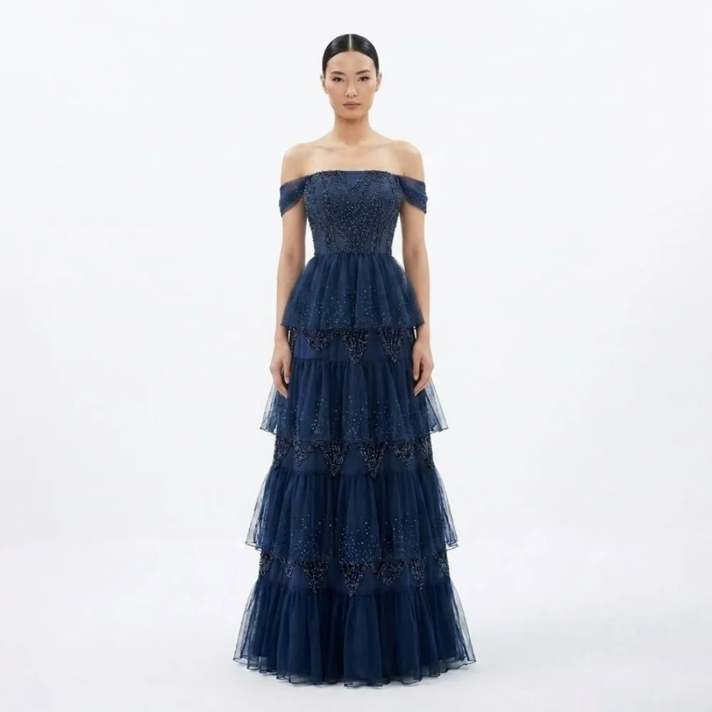 Customized Navy Off Shoulder Beaded Tulle Mother Of Bride Dresses Tiered Ruffle A Line Backless Formal Wedding Guest Gown