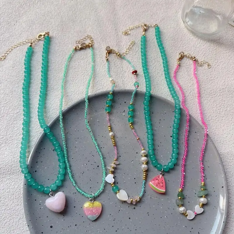 Candy Color Heart Pendant Blue Green Glass Beaded Contrast Design Necklace