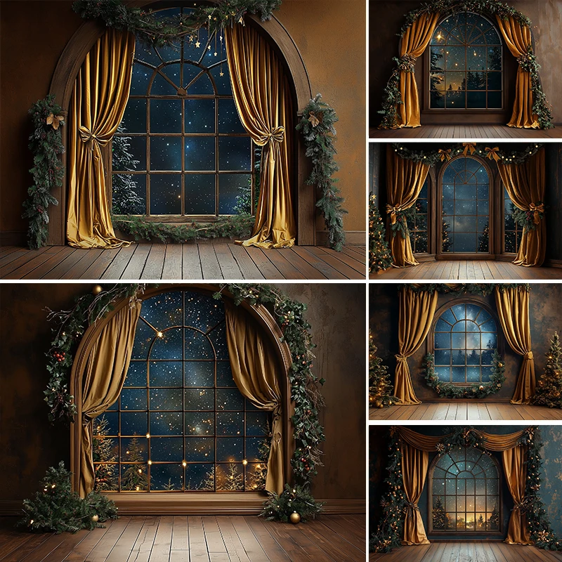 

Фон для фотосъемки LS, зимняя ночь, Рождественская арка, окно, золотой декор для штор, Рождественский праздник, семейный портрет, фотофон