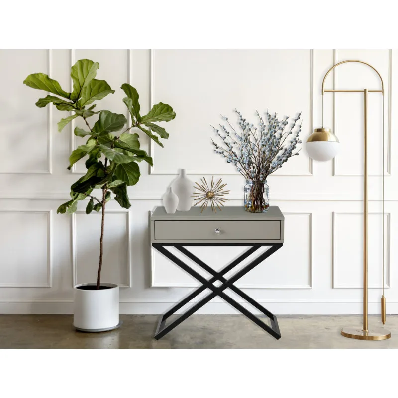 

Koda 23" Taupe Wooden End Side Table Nightstand with Glass Top, Drawer and Metal Cross Base