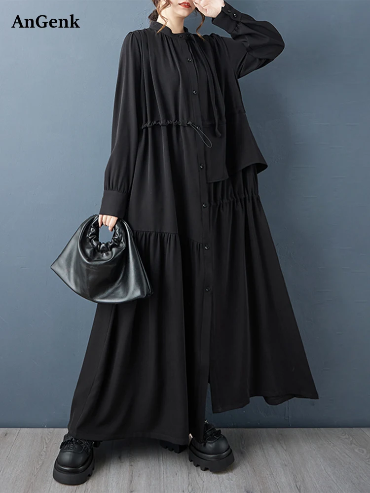 Oversized Drawstring Vintage Shirt Dresses For Women Spring Autumn New Long Sleeve Loose Casual Long Dress Elegant Clothing 2026