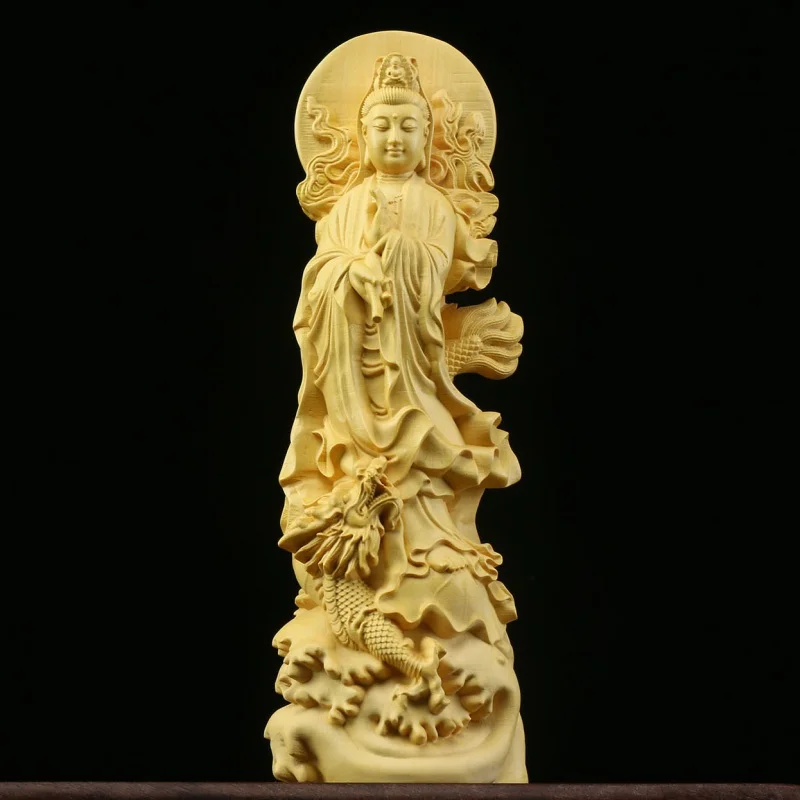 

Boxwood Craft Royal Dragon Holy-Water Vase Avalokitesvara Decoration South Sea Guanyin Bodhisattva Home Study Office Study