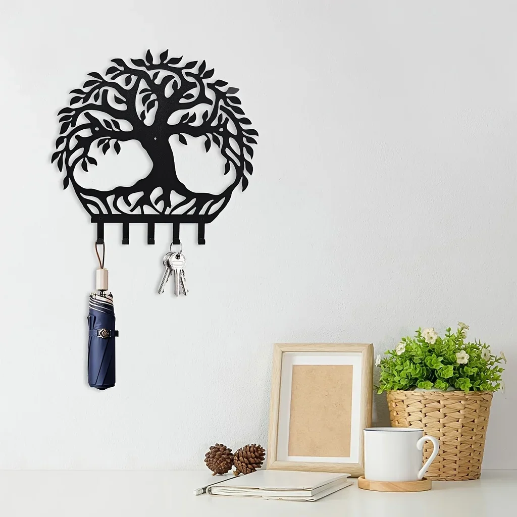 1pc Tree of Life Wall Mounted Coat Hooks Matt Black,Mounted Key Hooks for Wall Decorative,Metal Key Organizer Rack Hanger