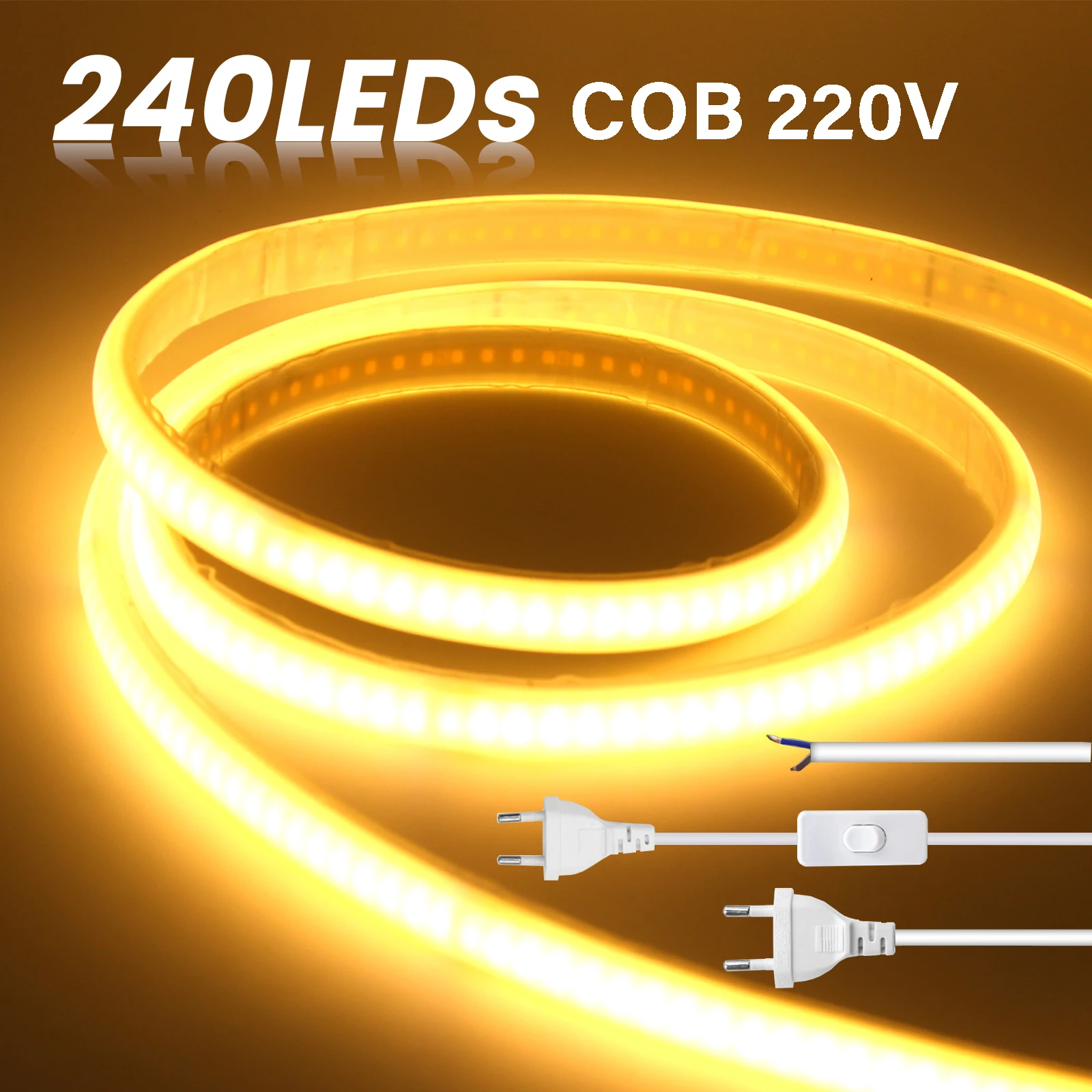 220V 230V Adhesive COB LED Strip Light Built-in IC 240LEDs/M Flexible Ribbon IP65 Waterproof Neon Strip Tape With EU Switch/2Pin