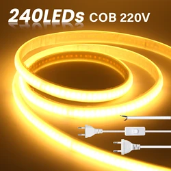 220V Adhesive COB LED Strip Light Built-in IC 240LEDs/M Flexible Ribbon IP65 Waterproof Neon Strip Tape With EU Plug Switch/2Pin