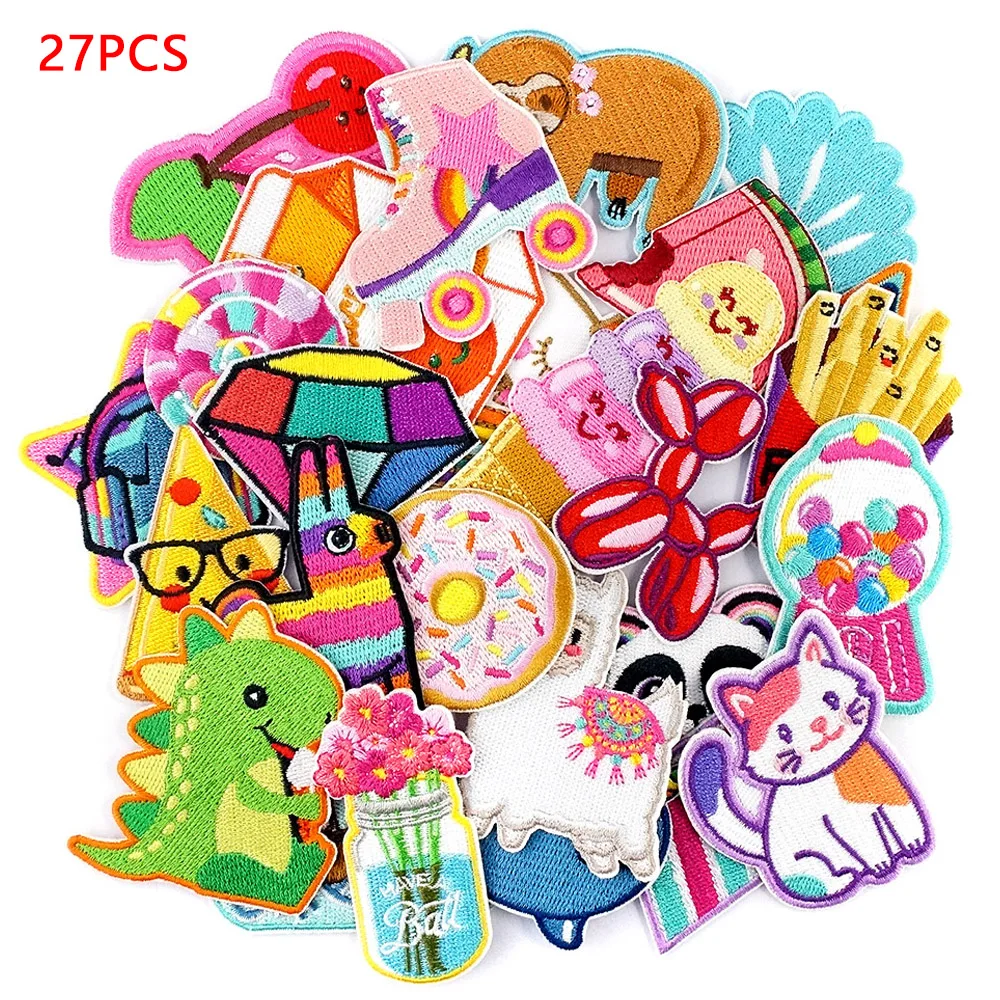 27Pcs/Lot Dinosaur Pizza Music Panda Decoration Patches Embroidery Applique Ironing Clothing Sewing Supplies Decorative Patch