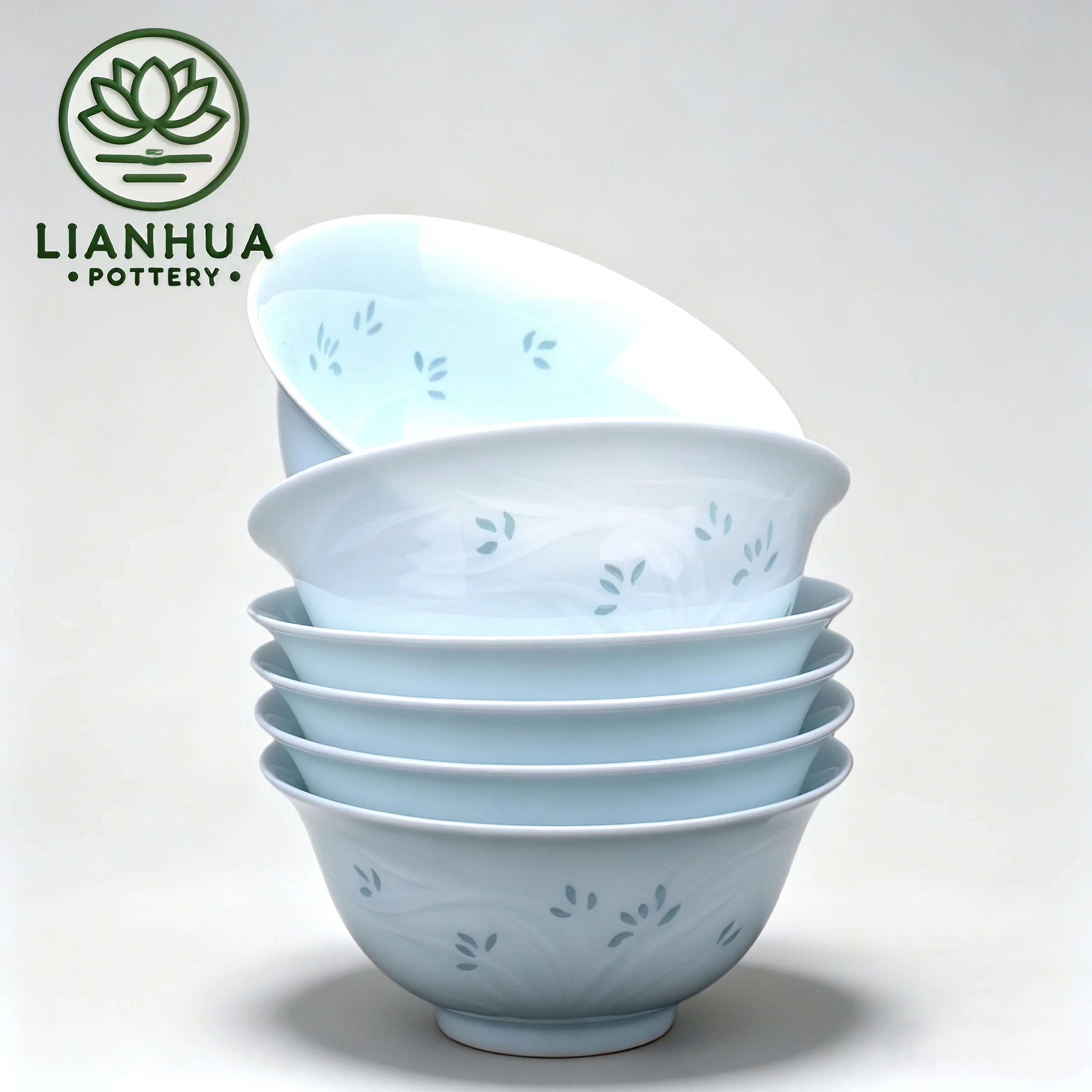 LIANHUA POTTERY Linglong Porcelain Bowl Set of 6 Celadon Glaze Orchid Relief Design for Home Kitchen Dinner Housewarming Gift