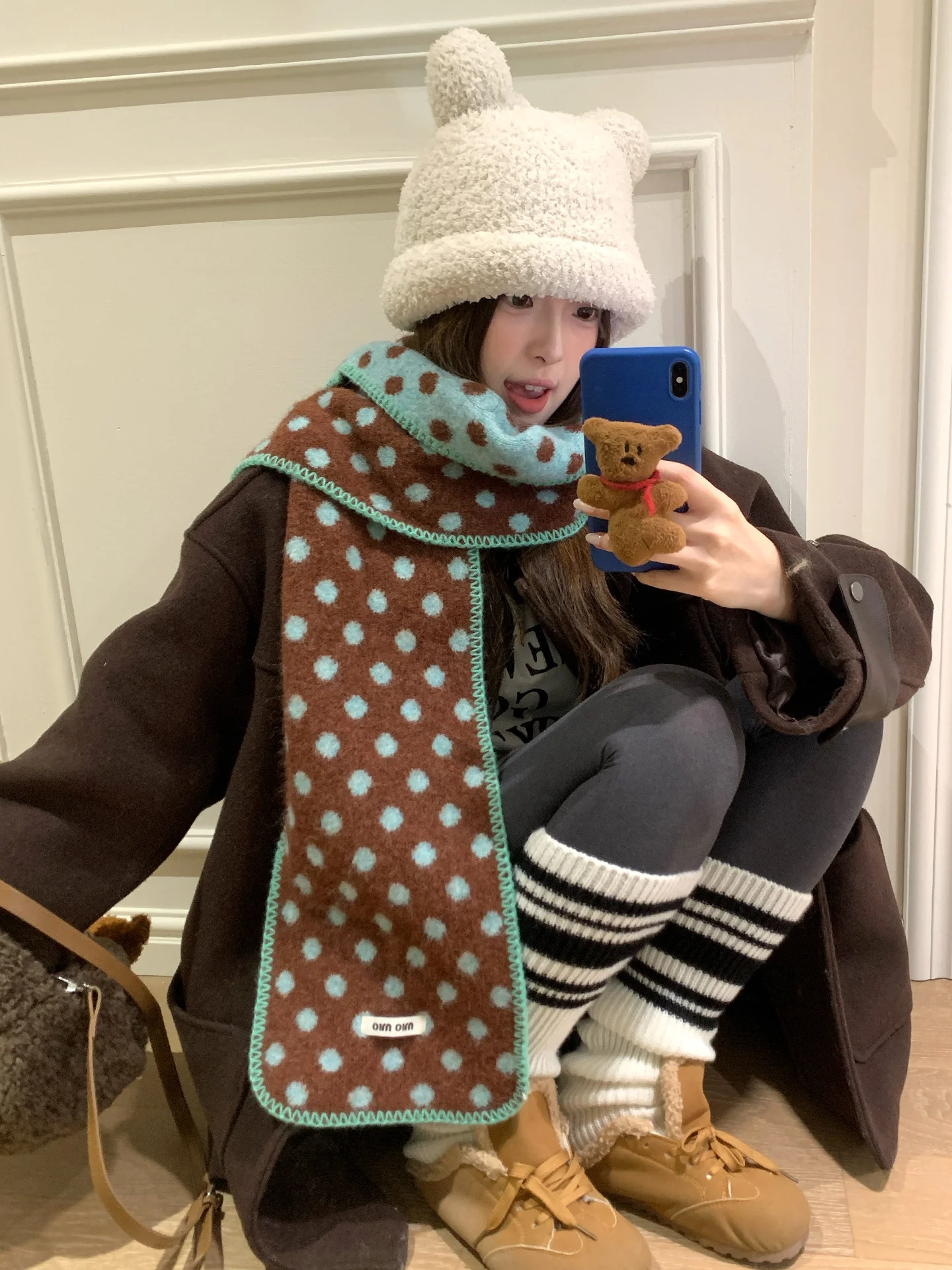 Retro Color-Block Polka Dot Double-Sided Scarf For Women Warm And Cold-Proof For Autumn And Winter Student Neck Warmer