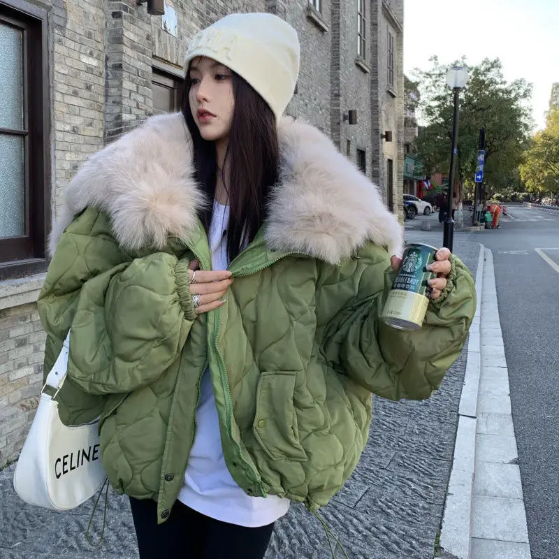 Women Faux Mink Fur Big Lapel Collar Hat Cotton Padded Jacket Fall Winter Thickening Puffer Coat Quilted Cardigan Parka Chaqueta