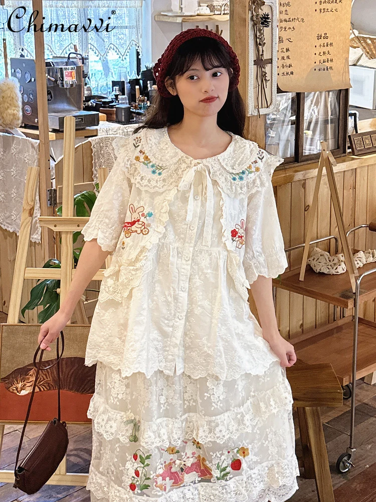 

Mori Retro Double-layer Lace Doll Collar Short-sleeved Shirt Summer New Sweet Girl Rabbit Embroidered Fake Two-piece Lace-up Top