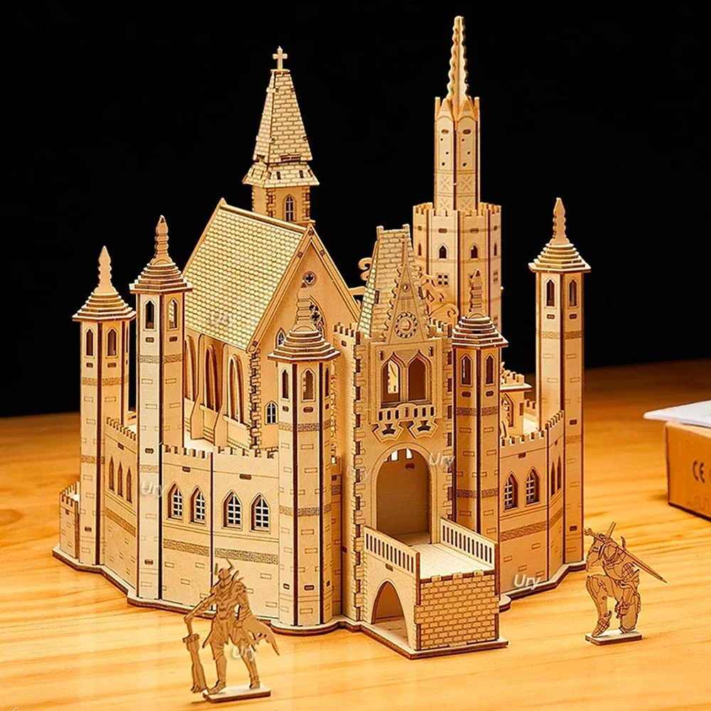 URY 3D Wooden Puzzle House Royal Knight's Castle with Box Assembly Retro Toy for Kids Adult DIY Model Kits Decoration Gifts