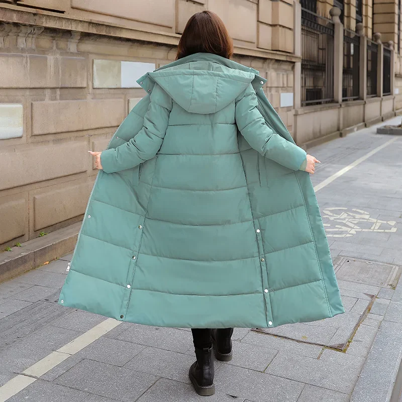 Korean Version of Loose Super Long Warm Down Jacket, Winter New Solid Color Thick Casual Stand Collar Hooded Padded Coat Women