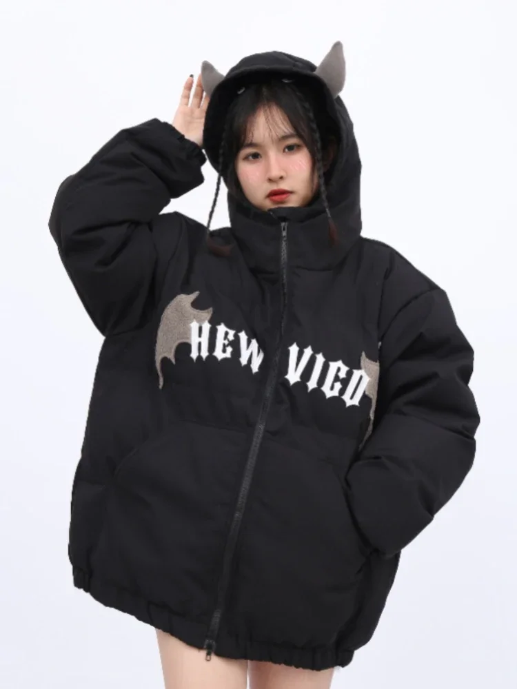 ADAgirl Goth Dark Devil Embroidery Jacket Women Streetwear Quilted Thicken Warm Coats Harajuku Loose Winter Clothes Couples Tops