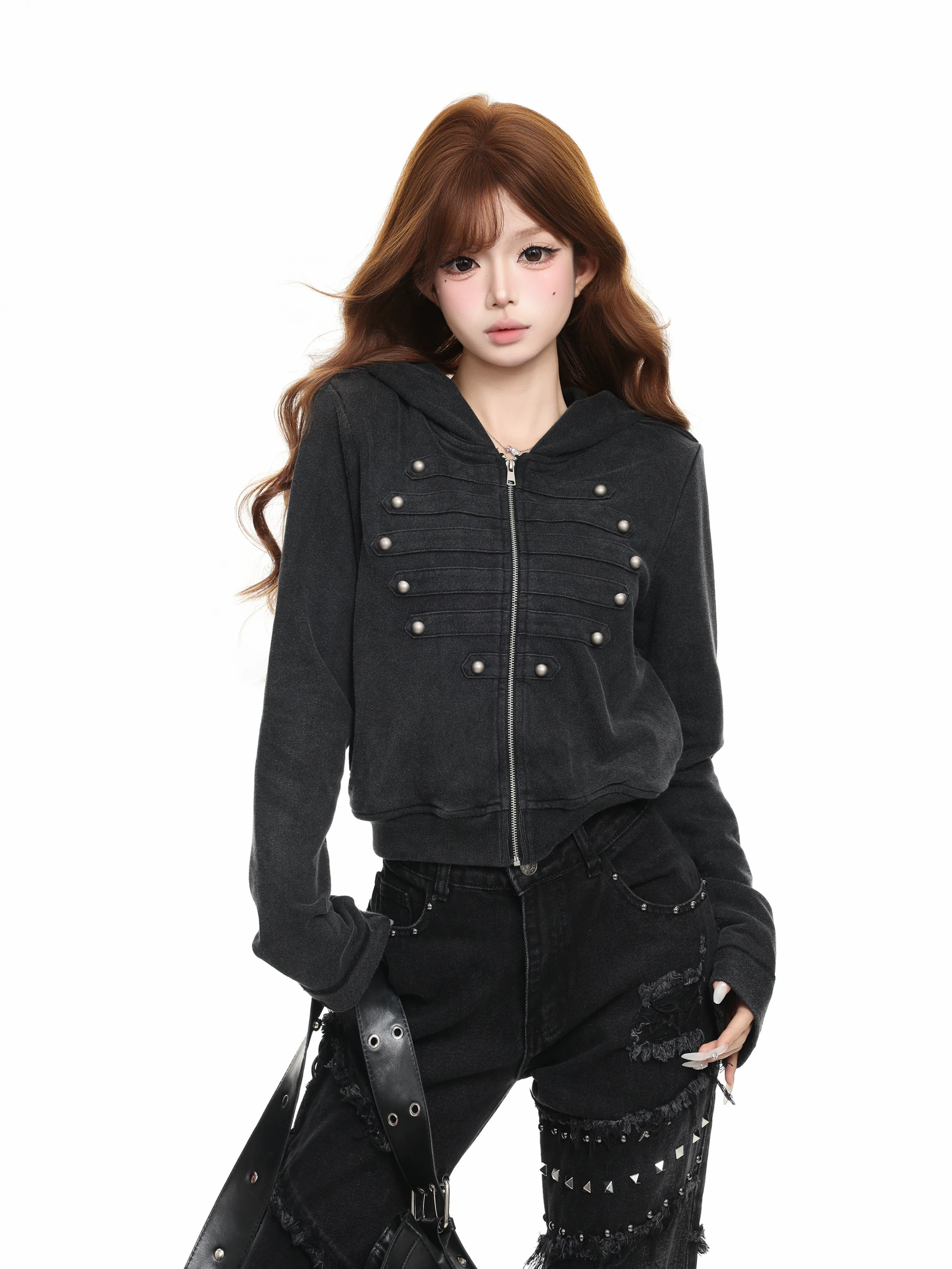 BASTERDS Washed Button-Up Short Coat Hoodie Women's Slim Fit Short Length Fashion Outerwear Casual Streetwear Style