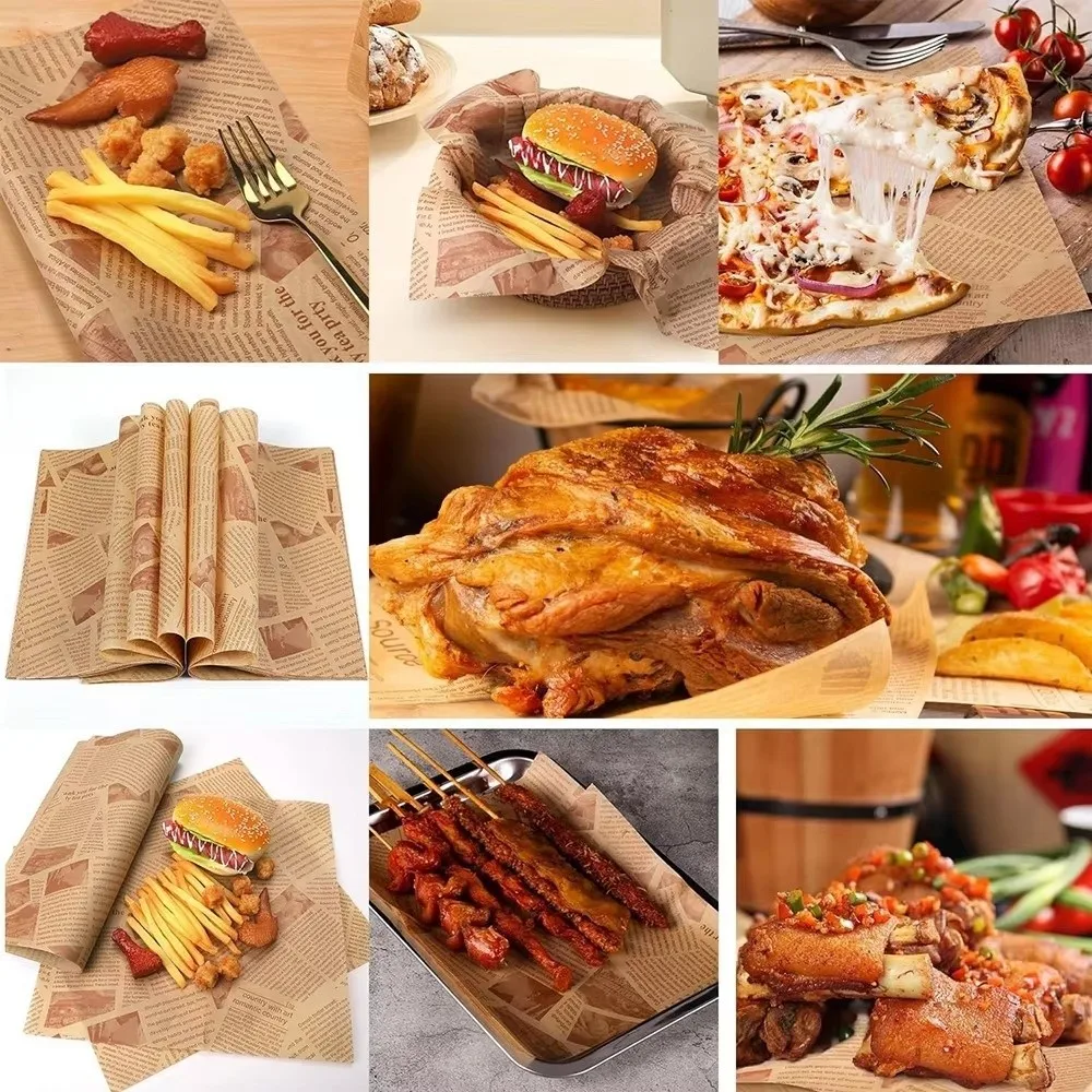 100Pcs Convenient Old Newspaper Style Oil-Proof Paper Safe Material Food Wrapping Food Basket Liner Fried Food Paper Baking Use