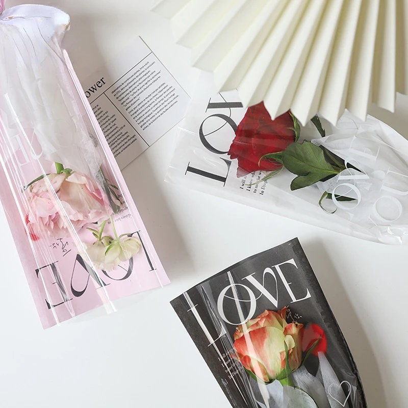 14x40cm 20pcs LOVE Transparent Rose Single Bag Bouquet Single Wrapping Paper One Straight Bag Flower Packaging