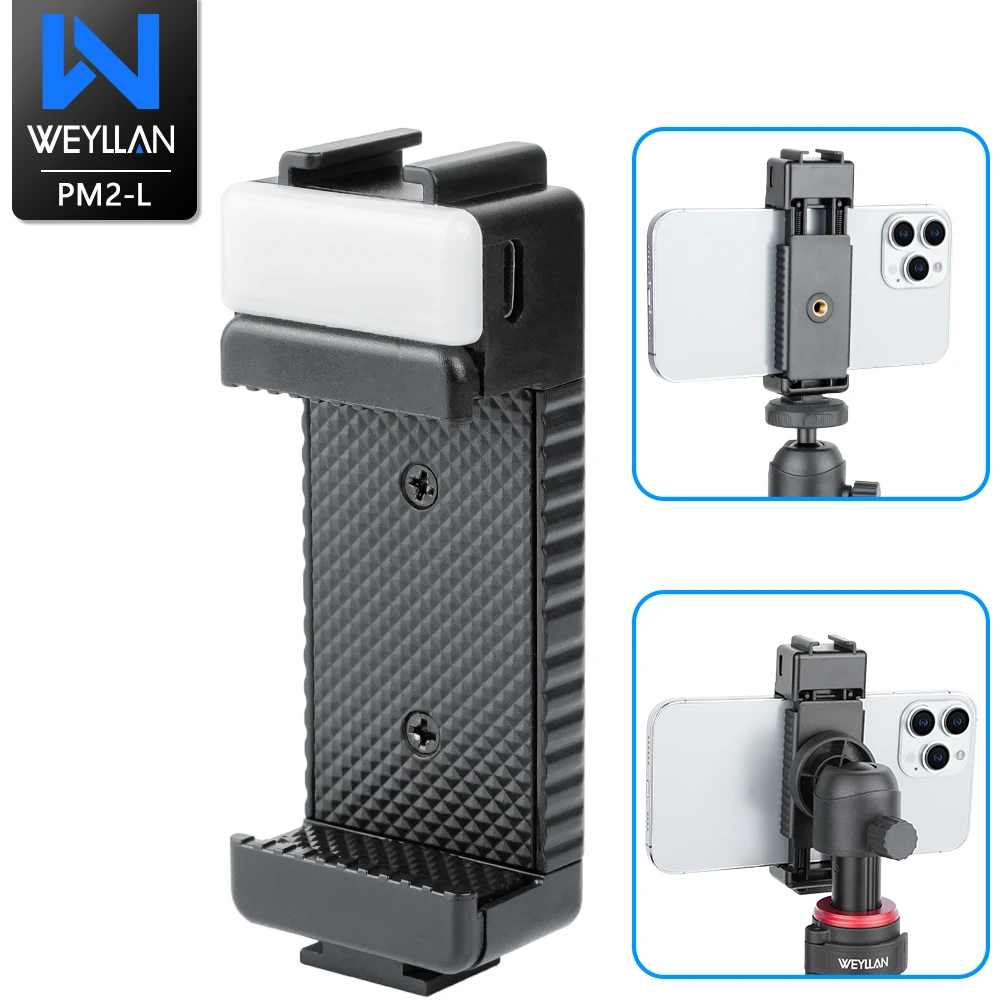 WEYLLAN Cell Phone Holder Clamp Phone Tripod Mount Cold Shoe Mount PM2-L Bracket Clip with LED Light for Monopod Selfie Stick