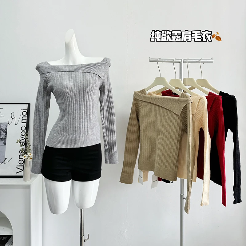 

Chic Design Pullover Sweater Women Square Collar Off Shoulder Tight Solid Color Long Sleeve T-shirt Top Autumn New