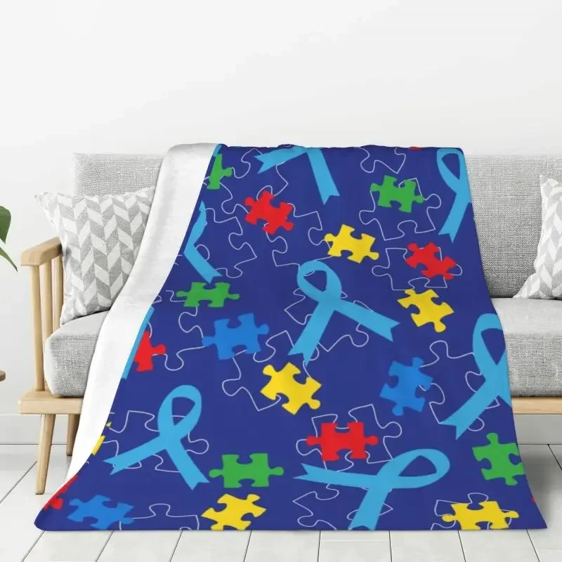 

Custom Sofa Fleece Autism Puzzle Piece Ribbon Pattern Throw Blanket Warm Flannel Blankets for Bedding Office Couch Bedspreads