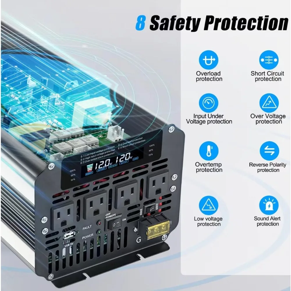 5000W Power Inverter 12V to 110V DC to AC with LCD Display, Remote Controller and 4 x AC Outlets Car Adapter for Car Truck