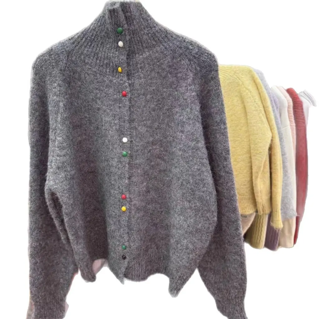 

Korean Style Loose Knitted Cardigan Shirt Furry Collar Colorful Button Design Comfortable Lazy Style Outerwear Top