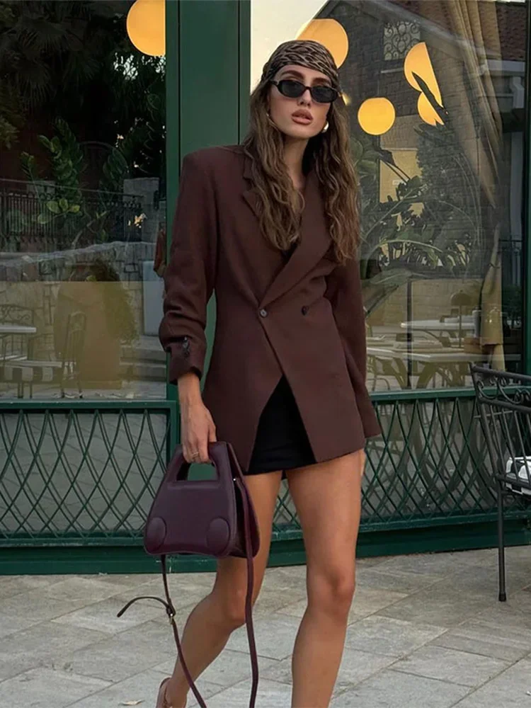 Chic Reddish Brown Women's Slim Blazer Coat Elegant Lapel Buttons Long Sleeve Woollen Jacket 2024 Lady Autumn Fashion Streetwear