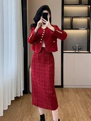 High Quality New Year Christmas Tweed Two Piece Set Fashion Streetwear Coat + Skirt Suits Vintage 2 Piece Sets Women Outfit