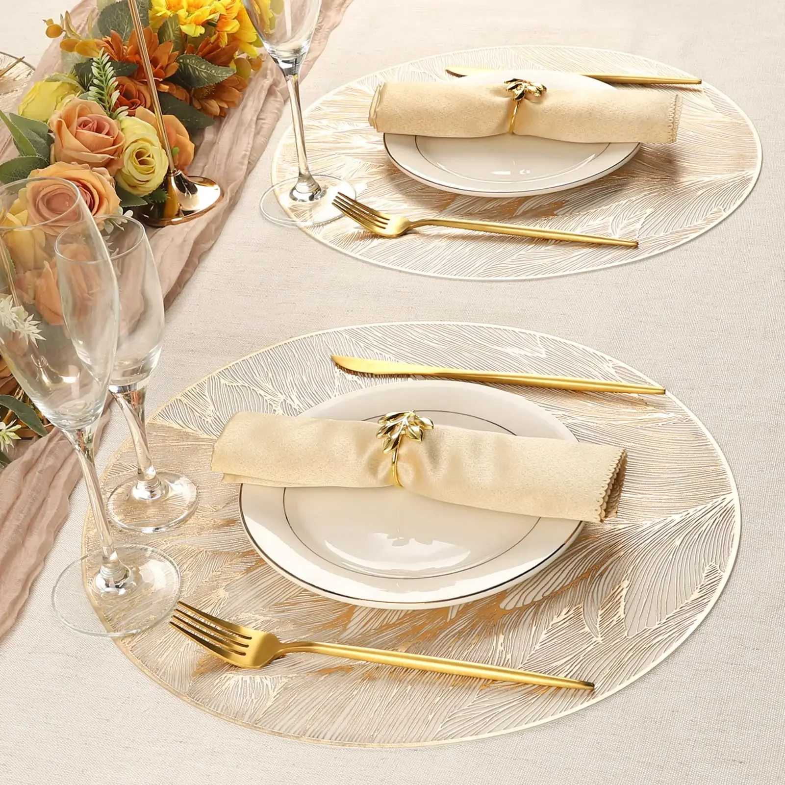 

Hot 38cm Round Placemats Feather Pressed Washable Gold Table Mats Dining For Holiday Wedding Party Decorations