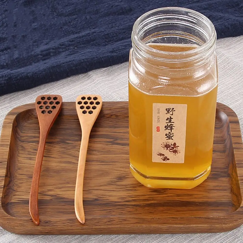 Wooden Honey Dipper Sever Mixing Stick Spoon Honeycomb Heart Pattern