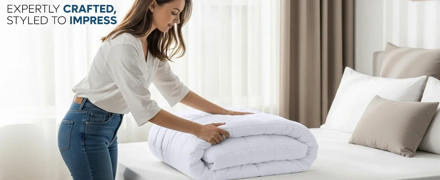 Young woman neatly folding a comforter on a stylish, well-made bed in a bright and cozy bedroom