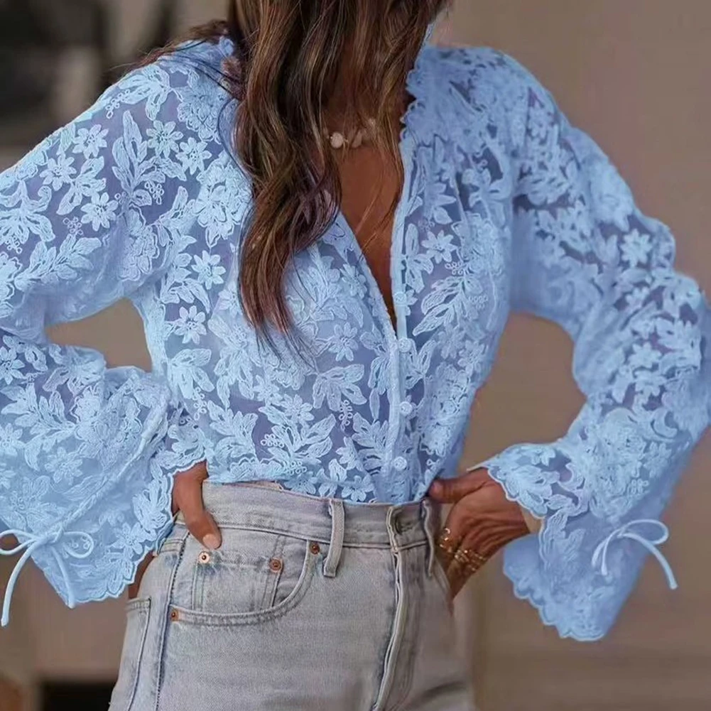 Women's Solid Color Long Sleeve V Neck Blouse with Lace Detail Hollow Out Pattern Loose Fit Top for Office or Party