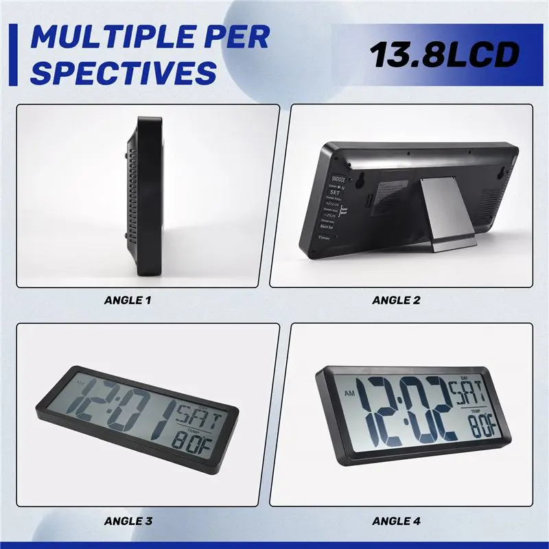 A11E-Square Wall Clock Series, 13.8Inch Large Digital Jumbo Alarm Clock, LCD Display, Multi-Functional Upscale Office Decor Desk