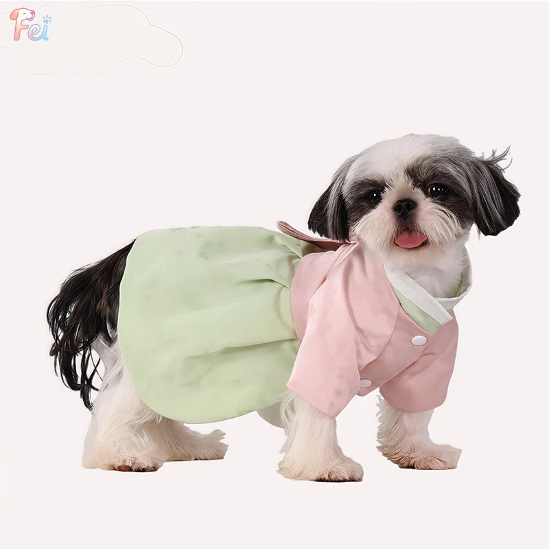 

Dog clothes Pet Hanbok Ethnic Traditional Korean Skirt Satin Classical Princess Dress Costume for dog Two legged Dog Clothes