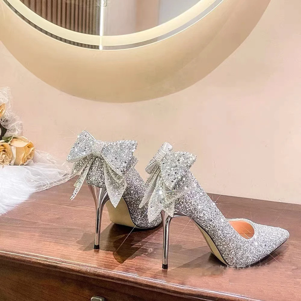 Women's Sequin Pumps Ladies' Rhinestone Shoes With Bow-tie Pointed-toe Metalized Texture High-heel Wedding Party Dress Meature