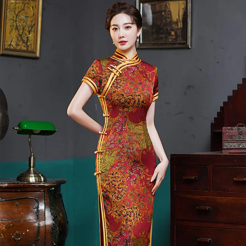 PLUS SIZE Traditional Femlae Long Qipao Vintgae Classic Mandarin Collar Chinese Dress Cheongsam Sexy Print Flower Split Vestidos