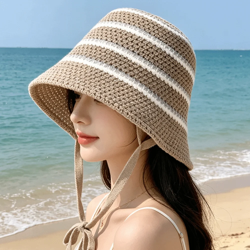 Openwork Colorful Striped Bucket Hat Hollow Out Foldable Basin Hat Thin Breathable Panama Hat Party