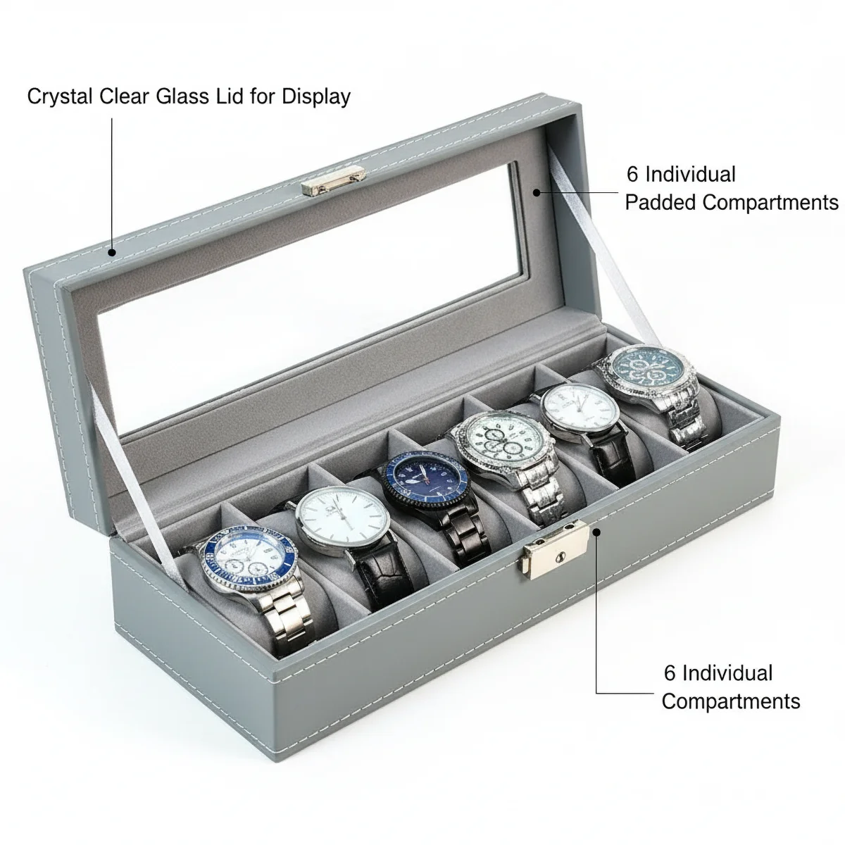 6-Slot Watch Box with Lock & Built-in Mirror - Gray Faux Leather Watch Organizer with Soft Protective Lining image 6