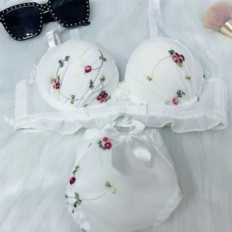 Japan Korean Student Cute Lace Bow Underwear Set Women Sweet Lolita Style Sweet Pink Underwire Push Up Bra Brief Outfit Lingerie