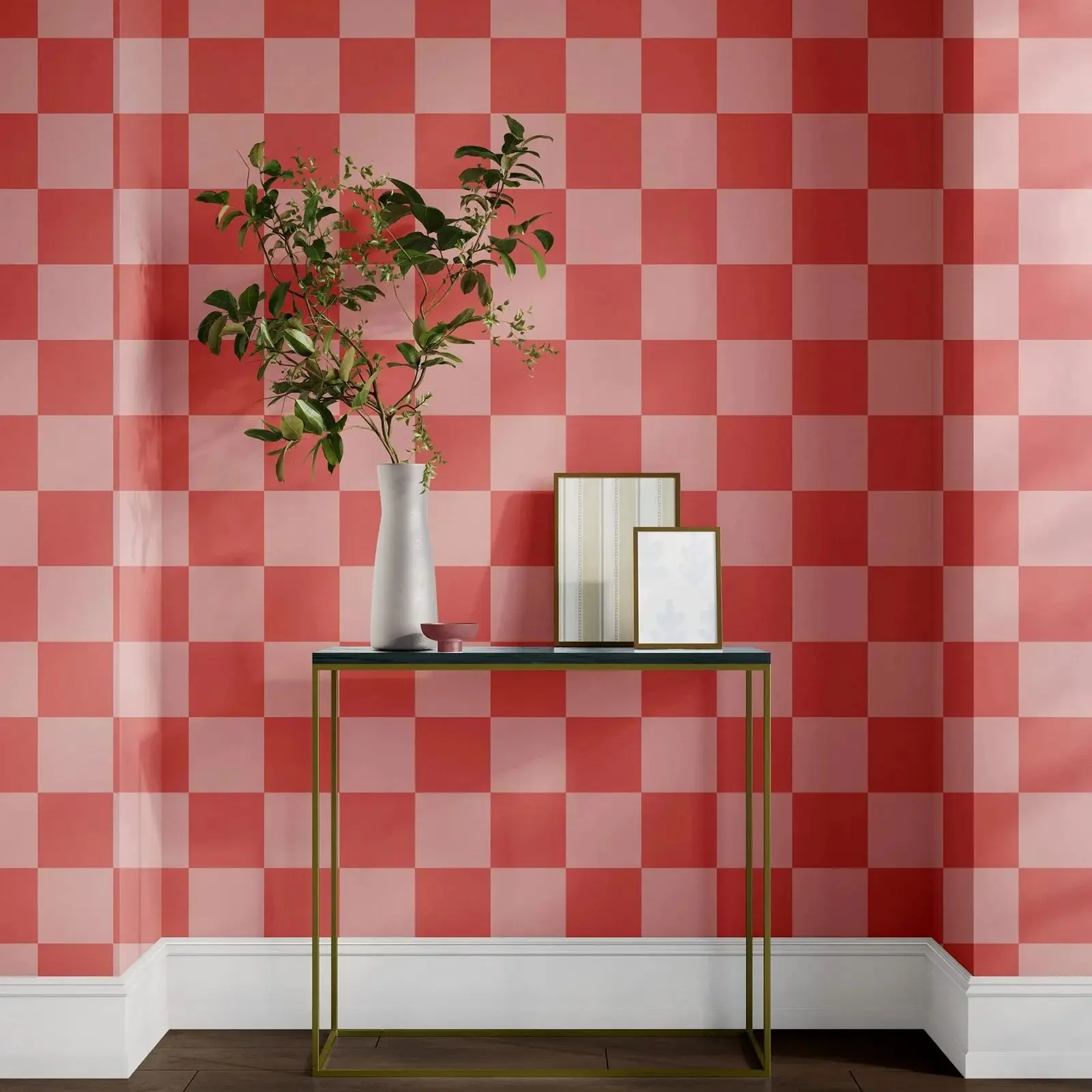 Pink Modern Oversized Checkered Wallpaper, Peel and Stick Wall Mural For Bathroom, Pink and Coral Interior Wall Covering, 50*300